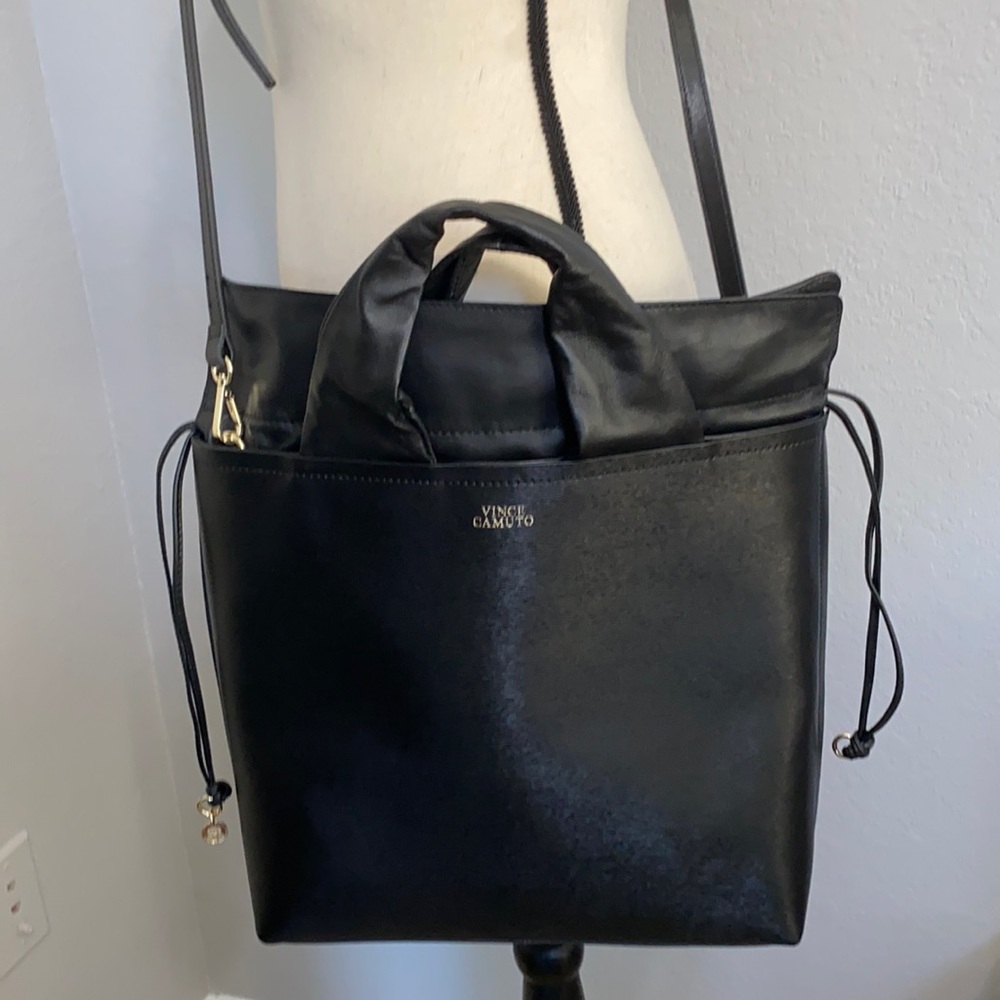 Vince Camuto Asti Tote Black Leather with drawstring and Crossbody Strap.